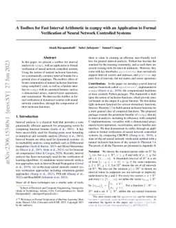 A Toolbox for Fast Interval Arithmetic in numpy with an Application to
  Formal Verification of Neural Network Controlled Systems