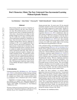 Don't Memorize; Mimic The Past: Federated Class Incremental Learning
  Without Episodic Memory