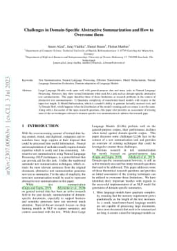 Challenges in Domain-Specific Abstractive Summarization and How to
  Overcome them