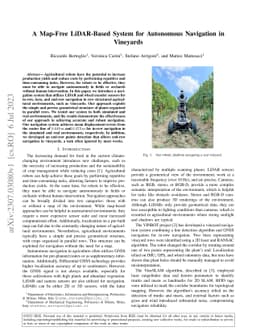 A Map-Free LiDAR-Based System for Autonomous Navigation in Vineyards