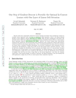 One Step of Gradient Descent is Provably the Optimal In-Context Learner
  with One Layer of Linear Self-Attention