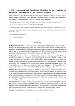 A Fully Automated and Explainable Algorithm for the Prediction of
  Malignant Transformation in Oral Epithelial Dysplasia