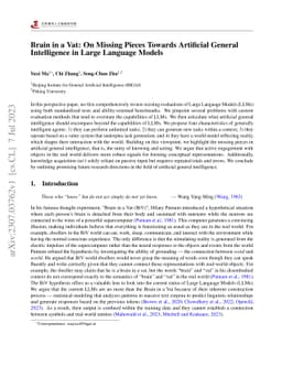 Brain in a Vat: On Missing Pieces Towards Artificial General
  Intelligence in Large Language Models