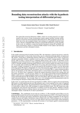 Bounding data reconstruction attacks with the hypothesis testing
  interpretation of differential privacy