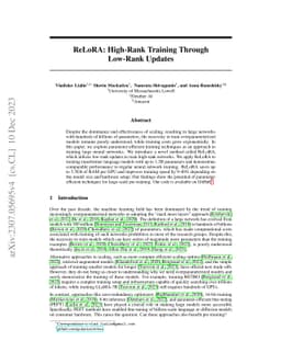 ReLoRA: High-Rank Training Through Low-Rank Updates