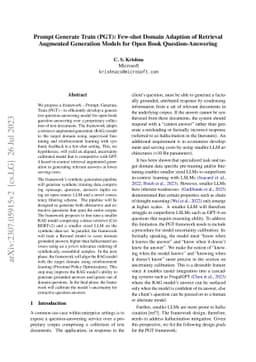 Prompt Generate Train (PGT): Few-shot Domain Adaption of Retrieval
  Augmented Generation Models for Open Book Question-Answering