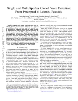 Single and Multi-Speaker Cloned Voice Detection: From Perceptual to
  Learned Features