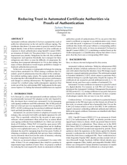 Reducing Trust in Automated Certificate Authorities via
  Proofs-of-Authentication