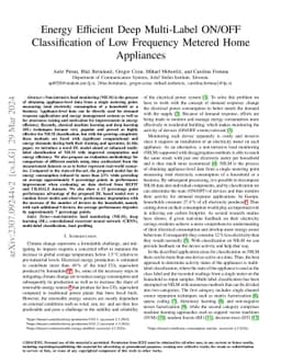 Energy Efficient Deep Multi-Label ON/OFF Classification of Low Frequency
  Metered Home Appliances