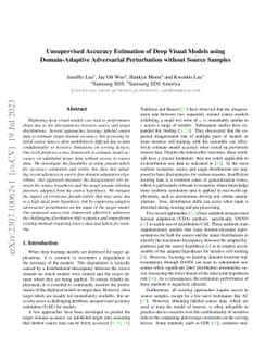 Unsupervised Accuracy Estimation of Deep Visual Models using
  Domain-Adaptive Adversarial Perturbation without Source Samples