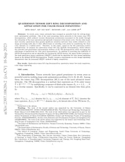 Quaternion tensor left ring decomposition and application for color
  image inpainting