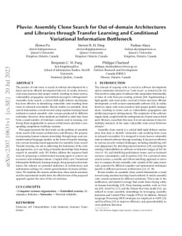 Pluvio: Assembly Clone Search for Out-of-domain Architectures and
  Libraries through Transfer Learning and Conditional Variational Information
  Bottleneck