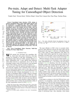 Pre-train, Adapt and Detect: Multi-Task Adapter Tuning for Camouflaged
  Object Detection