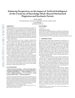 Exploring Perspectives on the Impact of Artificial Intelligence on the
  Creativity of Knowledge Work: Beyond Mechanised Plagiarism and Stochastic
  Parrots