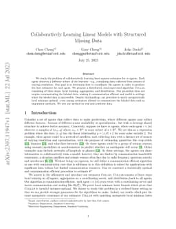 Collaboratively Learning Linear Models with Structured Missing Data