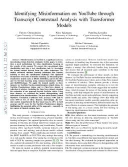 Identifying Misinformation on YouTube through Transcript Contextual
  Analysis with Transformer Models