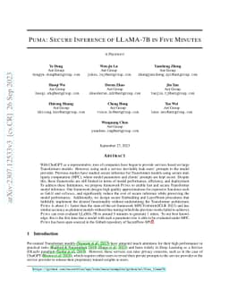 PUMA: Secure Inference of LLaMA-7B in Five Minutes