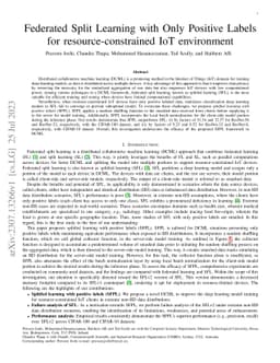 Federated Split Learning with Only Positive Labels for
  resource-constrained IoT environment