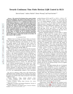 Towards Continuous Time Finite Horizon LQR Control in SE(3)