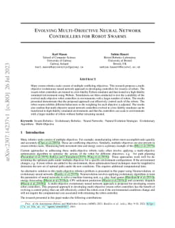 Evolving Multi-Objective Neural Network Controllers for Robot Swarms