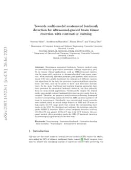 Towards multi-modal anatomical landmark detection for ultrasound-guided
  brain tumor resection with contrastive learning