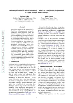 Multilingual Tourist Assistance using ChatGPT: Comparing Capabilities in
  Hindi, Telugu, and Kannada