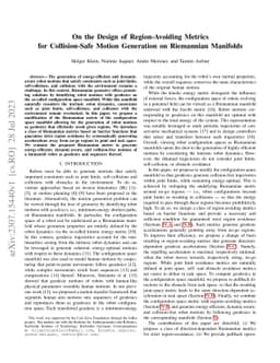 On the Design of Region-Avoiding Metrics for Collision-Safe Motion
  Generation on Riemannian Manifolds