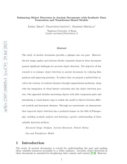Enhancing Object Detection in Ancient Documents with Synthetic Data
  Generation and Transformer-Based Models