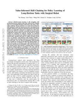 Value-Informed Skill Chaining for Policy Learning of Long-Horizon Tasks
  with Surgical Robot