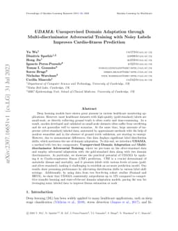 UDAMA: Unsupervised Domain Adaptation through Multi-discriminator
  Adversarial Training with Noisy Labels Improves Cardio-fitness Prediction