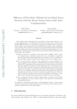 Efficiency of First-Order Methods for Low-Rank Tensor Recovery with the
  Tensor Nuclear Norm Under Strict Complementarity