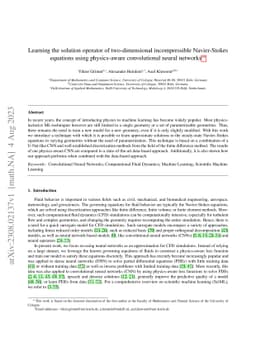 Learning the solution operator of two-dimensional incompressible
  Navier-Stokes equations using physics-aware convolutional neural networks