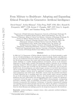 From Military to Healthcare: Adopting and Expanding Ethical Principles
  for Generative Artificial Intelligence