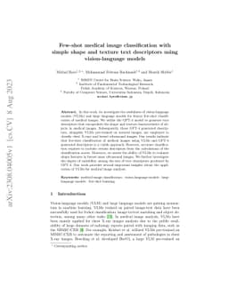 Few-shot medical image classification with simple shape and texture text
  descriptors using vision-language models