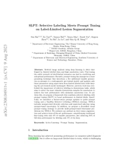 SLPT: Selective Labeling Meets Prompt Tuning on Label-Limited Lesion
  Segmentation