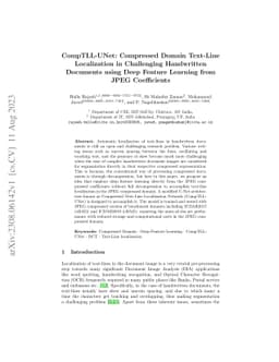 CompTLL-UNet: Compressed Domain Text-Line Localization in Challenging
  Handwritten Documents using Deep Feature Learning from JPEG Coefficients