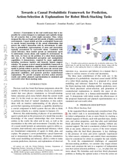 Towards a Causal Probabilistic Framework for Prediction,
  Action-Selection & Explanations for Robot Block-Stacking Tasks