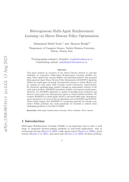 Heterogeneous Multi-Agent Reinforcement Learning via Mirror Descent
  Policy Optimization