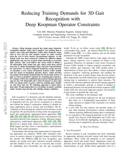 Reducing Training Demands for 3D Gait Recognition with Deep Koopman
  Operator Constraints