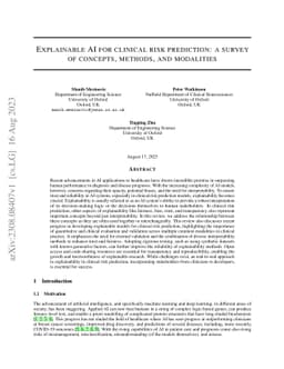 Explainable AI for clinical risk prediction: a survey of concepts,
  methods, and modalities