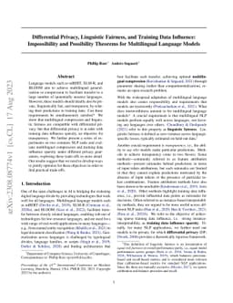 Differential Privacy, Linguistic Fairness, and Training Data Influence:
  Impossibility and Possibility Theorems for Multilingual Language Models