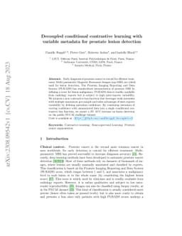 Decoupled conditional contrastive learning with variable metadata for
  prostate lesion detection