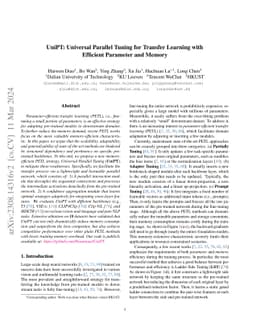 UniPT: Universal Parallel Tuning for Transfer Learning with Efficient
  Parameter and Memory