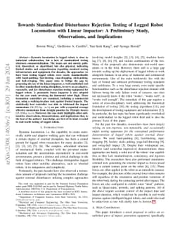 Towards Standardized Disturbance Rejection Testing of Legged Robot
  Locomotion with Linear Impactor: A Preliminary Study, Observations, and
  Implications