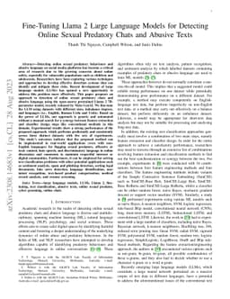 Fine-Tuning Llama 2 Large Language Models for Detecting Online Sexual
  Predatory Chats and Abusive Texts