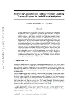 Improving Generalization in Reinforcement Learning Training Regimes for
  Social Robot Navigation