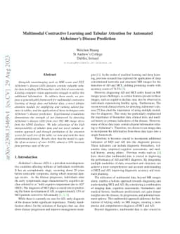 Multimodal Contrastive Learning and Tabular Attention for Automated
  Alzheimer's Disease Prediction