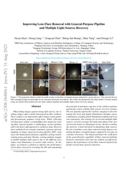 Improving Lens Flare Removal with General Purpose Pipeline and Multiple
  Light Sources Recovery