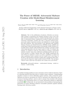 The Power of MEME: Adversarial Malware Creation with Model-Based
  Reinforcement Learning