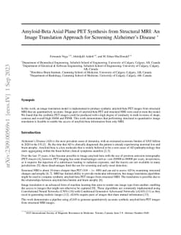 Amyloid-Beta Axial Plane PET Synthesis from Structural MRI: An Image
  Translation Approach for Screening Alzheimer's Disease